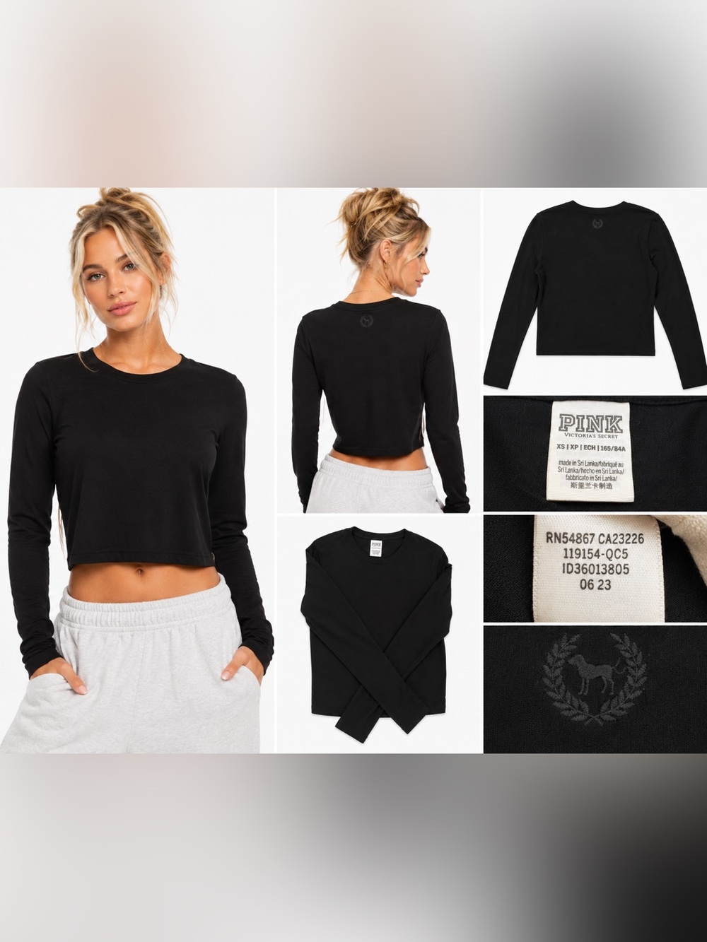 PINK Victoria’s Secret Black Long Sleeve Cropped Tee XS Minimalist Basic